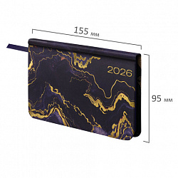 Еженедельник датированный 2026 МАЛЫЙ ФОРМАТ 95х155 мм, А6, BRAUBERG "Vista", под кожу "Black marble", 117203