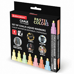 Маркеры меловые CHALK LIQUID MARKER, ПАСТЕЛЬ, НАБОР 8 ЦВЕТОВ, 3 мм, стираемые, BRAUBERG "CHALK", 152598