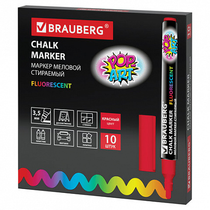 Маркер меловой "POP-ART" КРАСНЫЙ, 3,5 мм, стираемый, для гладких поверхностей, BRAUBERG, 151521
