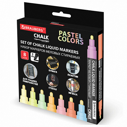 Маркеры меловые CHALK LIQUID MARKER, ПАСТЕЛЬ НАБОР 8 ЦВ, 3 мм, стираемые, BRAUBERG "CHALK", 152598