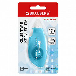 Клей-лента BRAUBERG STANDARD, 6 мм х 8 м, корпус матовый голубой, блистер, 273027