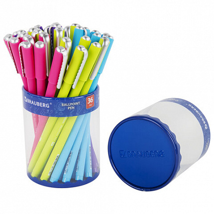 Ручка шариковая BRAUBERG SOFT TOUCH STICK "NEON", СИНЯЯ, мягкое покрытие, корпус ассорти, узел 0,7 мм, 143697