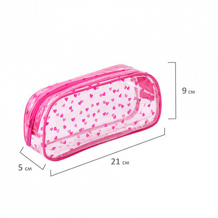 Пенал-косметичка BRAUBERG LUCENT на молнии, прозрачный, "Hearts", 21х5х9 см, 272345