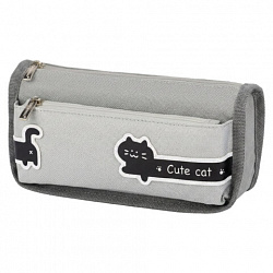 Пенал мягкий BRAUBERG, 2 отделения, полиэстер, "Long cat", светло-серый, 21х9х6 см, 274612