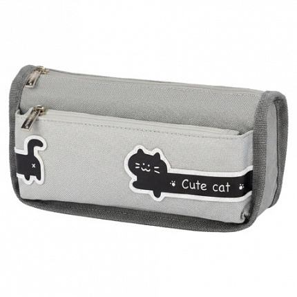 Пенал мягкий BRAUBERG, 2 отделения, полиэстер, "Long cat", светло-серый, 21х9х6 см, 274612