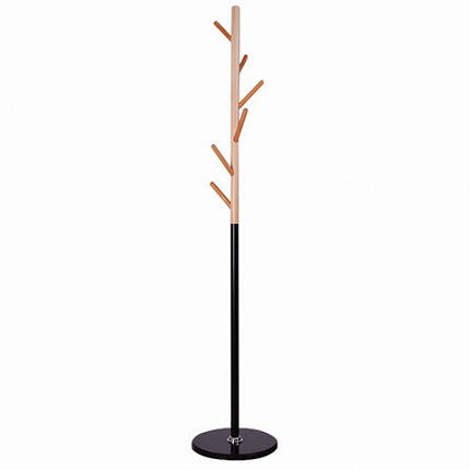 Вешалка-стойка BRABIX "CR-1906" на мраморном диске, металл черный/дерево бук, 6 крючков, 606441