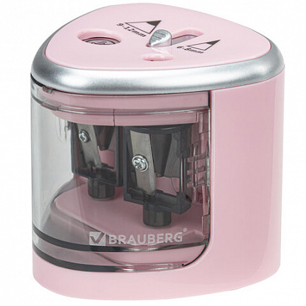 Точилка электрическая BRAUBERG DUAL (для 2 диаметров карандашей!), 4 батарейки АА, розовая, 270579
