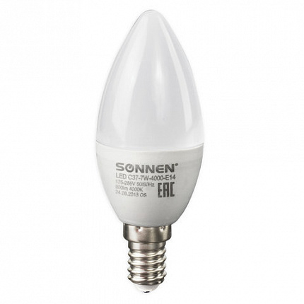 Лампа светодиодная SONNEN, 7 (60) Вт, цоколь Е14, свеча, нейтральный белый свет, 30000 ч, LED C37-7W-4000-E14, 453712