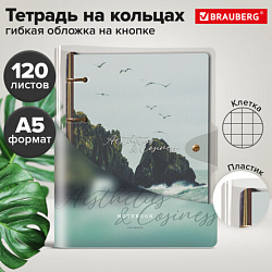 Тетрадь на кольцах А5 180х220, 120л, гибкий пластик, клапан, стикеры, BRAUBERG STYLISH, Nature, 405226