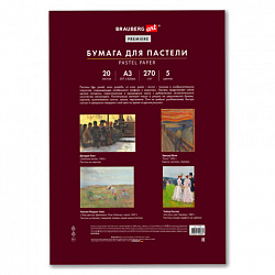 Бумага для пастели ФАКТУРНАЯ, А3, в папке, 20 листов, 5 цветов, 270 г/м2, BRAUBERG ART, 117756