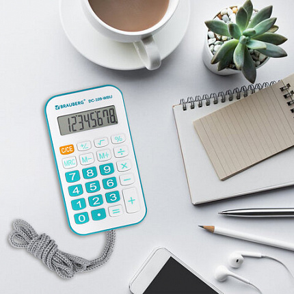 Калькулятор карманный со шнурком BRAUBERG DC-109-WBU (61x110 мм), 8 разрядов, БЕЛЫЙ/ГОЛУБОЙ, 272645