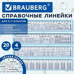 Линейки пластиковые 20 см справочные BRAUBERG, НАБОР 4 шт., для 5-11 классов, пенал, 210894