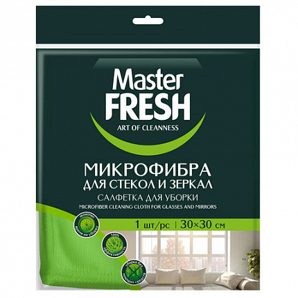 Салфетка из МИКРОФИБРЫ для стекол и зеркал 30х30 см, зеленая, 280 г/м2, Master FRESH,