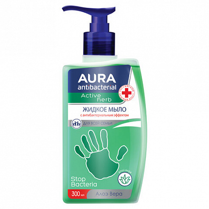 Мыло-крем жидкое, 300 мл, AURA "Antibacterial", антибактериальное, "Экстракт алоэ", дозатор, 28427, 12481