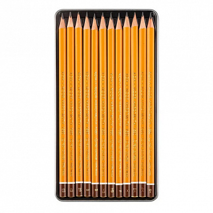 Карандаши чернографитные KOH-I-NOOR, НАБОР 12шт., "Art" 6B-6H, без резинки, металлическая коробка, 1582012001PL