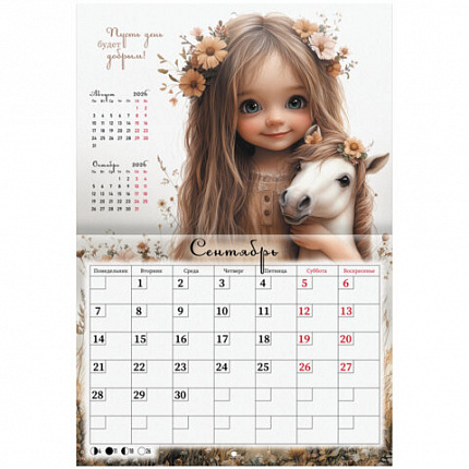 Календарь-планер настенный перекидной на 2026 г., BRAUBERG, 12 листов, 29,5х21,3 см, "Sweet pony", 116948