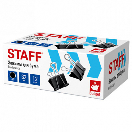 Зажимы для бумаг STAFF ECO, КОМПЛЕКТ 12 шт, 32 мм, на 140 листов, черные, картонная коробка, 274033