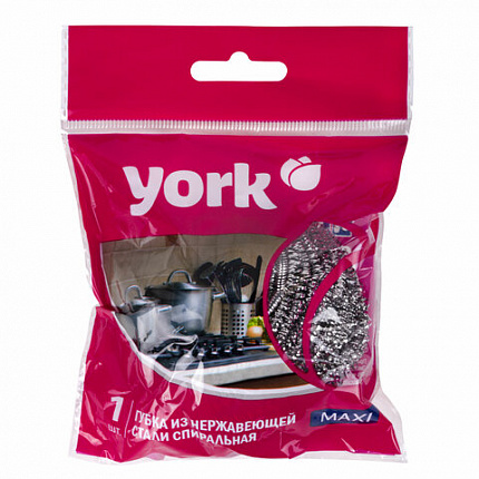 Губка (мочалка) металлическая, спиральная, 27 г, СРЕДНЯЯ, для посуды, гриля, плиты, YORK, 2010