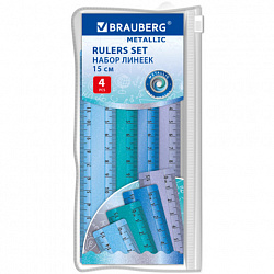Линейки пластиковые 15 см металлик BRAUBERG, НАБОР 4 штуки, непрозрачные, пенал, 210882