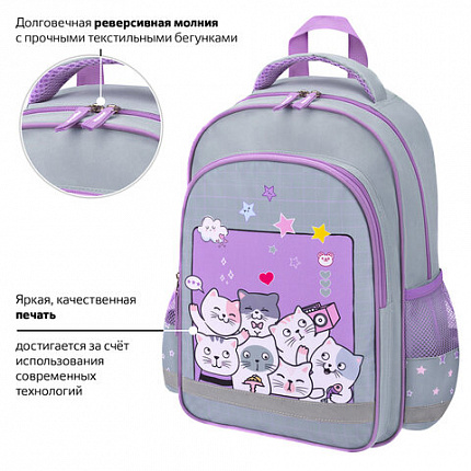Рюкзак ПИФАГОР SCHOOL, 1 отделение, 3 кармана, "Cats selfie", 38x28х14 см, 273165
