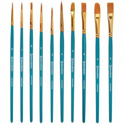 Кисти синтетика BRAUBERG, НАБОР 10 шт., синие (Круглые; Овальные; Плоские; Лайнеры), 201030