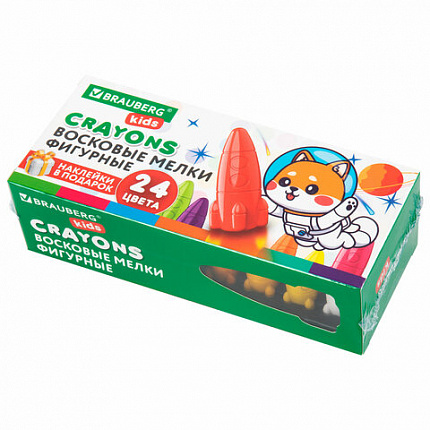 Восковые мелки фигурные BRAUBERG KIDS "РАКЕТА", НАБОР 24 цвета + НАКЛЕЙКИ В ПОДАРОК, 273083