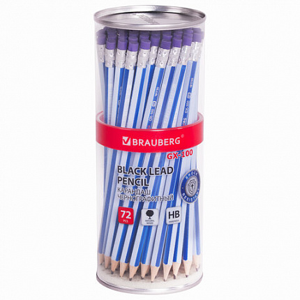 Карандаш чернографитный BRAUBERG "GX-100", 1 шт., HB, с ластиком, корпус синий, 181720
