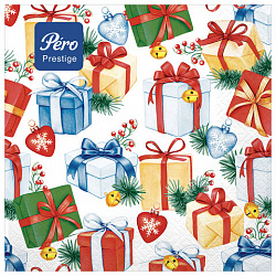 Салфетки бумажные 20 шт., 33х33 см, "Подарки", 3-слойные, PERO "Prestige", 2951