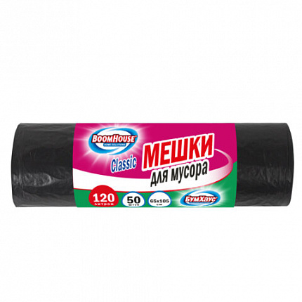 Мешки для мусора 120л черные в рулоне 50 штук, ПВД 23 мкм, 65x105см, BOOMHOUSE, 702670
