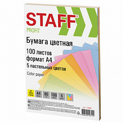 Бумага цветная STAFF, А4, 80 г/м2, 100 л., (5 цветов х 20 л.), пастель, для офиса и дома, 110889