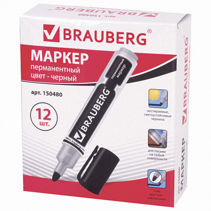 Маркер перманентный BRAUBERG "Neo", ЧЕРНЫЙ, круглый наконечник 5 мм, с клипом, 150480
