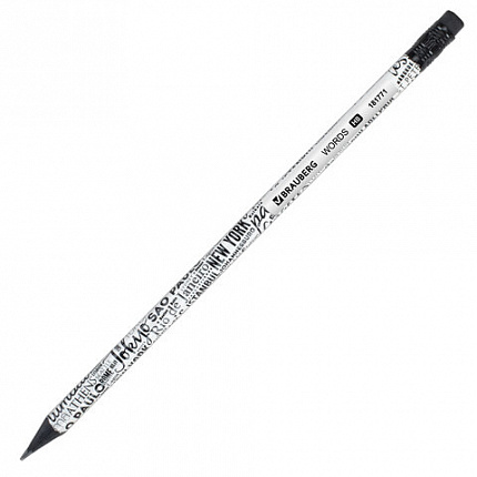 Карандаш чернографитный BRAUBERG "WORDS", 1 шт., HB, с ластиком, корпус ассорти, 181771