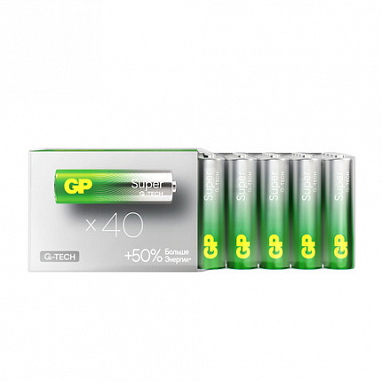 Батарейки КОМПЛЕКТ 40 шт., GP Super G-Tech, AA (LR6,15А), алкалиновые, пальчиковые, 15AA21-2CRSWC40