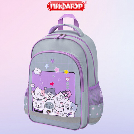 Рюкзак ПИФАГОР SCHOOL, 1 отделение, 3 кармана, "Cats selfie", 38x28х14 см, 273165
