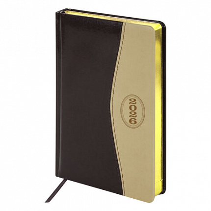 Ежедневник датированный 2026, А5, 138x213 мм, BRAUBERG "De Luxe", под кожу, коричневый/бежевый, 117053