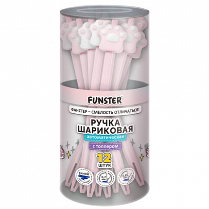 Ручка с топпером шариковая автоматическая FUNSTER "CAT PAW", СИНЯЯ, ассорти, пишущий узел 0,7 мм, линия письма 0,35 мм, 144376
