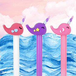 Ручка с топпером шариковая ЮНЛАНДИЯ "Кит-Единорог", корпус ассорти, СИНЯЯ, пишущий узел 0,7 мм, 143783