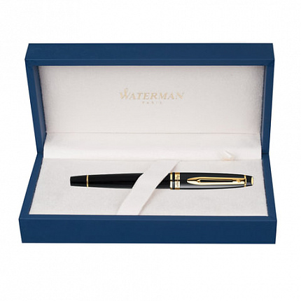 Ручка подарочная перьевая WATERMAN "Expert 3 Black Lacquer GT", черный лак, позолоченные детали, синяя, S0951640