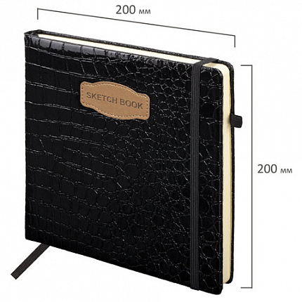 Скетчбук, слоновая кость 140 г/м2, 200х200 мм, 80 л., КОЖЗАМ, резинка, BRAUBERG ART CLASSIC, CROCO, черный, 116472