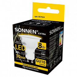 Лампа светодиодная SONNEN EXTRA, 8 (70) Вт, GU10, софит, теплый белый, 30000 ч, LED MR16-GU10-8W-2700, 457924