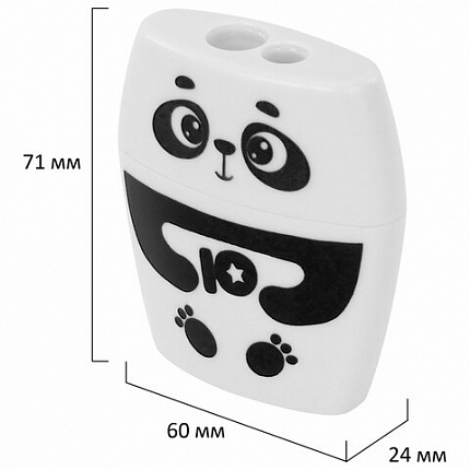 Точилка с контейнером для простых и утолщенных карандашей ЮНЛАНДИЯ "ПАНДА", 2 отверстия, 272507