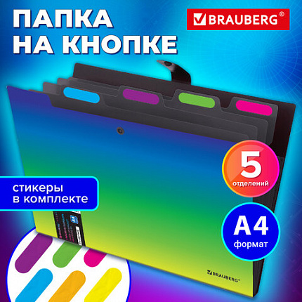 Папка-органайзер на кнопке 5 отделений, BRAUBERG GRADE, A4, зелено-голубой градиент, 274092