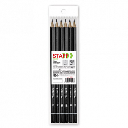 Карандаши чернографитные STAFF "College" BLP-254, НАБОР 6 шт., 2H-2B, черный корпус, 181254