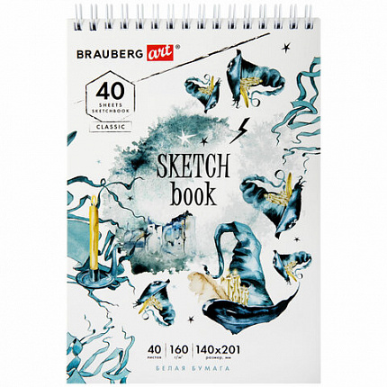 Скетчбук, белая бумага 160 г/м2, 140х201 мм, 40 л., гребень, жесткая подложка, BRAUBERG ART, ассорти, 115071
