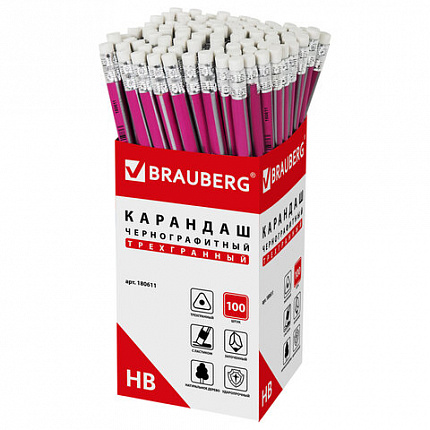 Карандаш чернографитный BRAUBERG, 1 шт., "Alderida", НВ, трехгранный, с ластиком, корпус розовый, заточенный, 180611