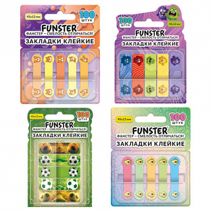 Закладки клейкие Z-сложения FUNSTER (ФАНСТЕР) "Ассорти", 45х12 мм, 100 шт., (5 цветов х 20 листов), в диспенсере, 116705