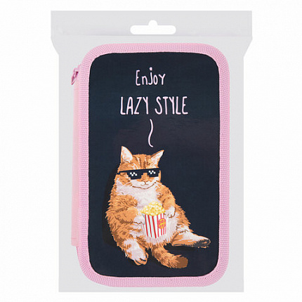 Пенал ПИФАГОР, 3 отделения, ламинированный картон, 19х11 см, "Lazy cat", 272252