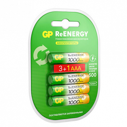 Батарейки аккумуляторные GP ReEnergy Ni-Mh КОМПЛЕКТ 4 шт. (ПРОМО 3+1), ААА (HR03), 950 mAh, 100AAAHC3/1RGY