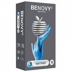 Перчатки нитриловые смотровые 100 пар (200 штук), размер 8-9, L (большой), голубые, BENOVY Nitrile Chlorinated