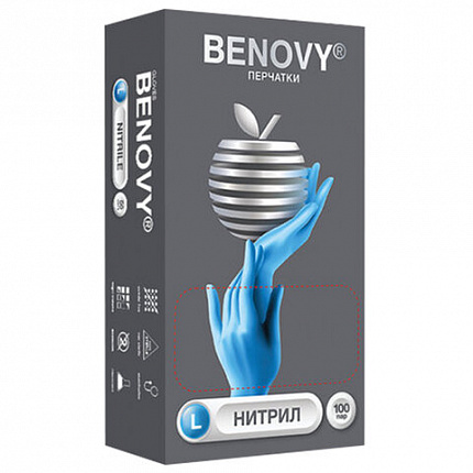 Перчатки нитриловые смотровые 100 пар (200 штук), размер 8-9, L (большой), голубые, BENOVY Nitrile Chlorinated